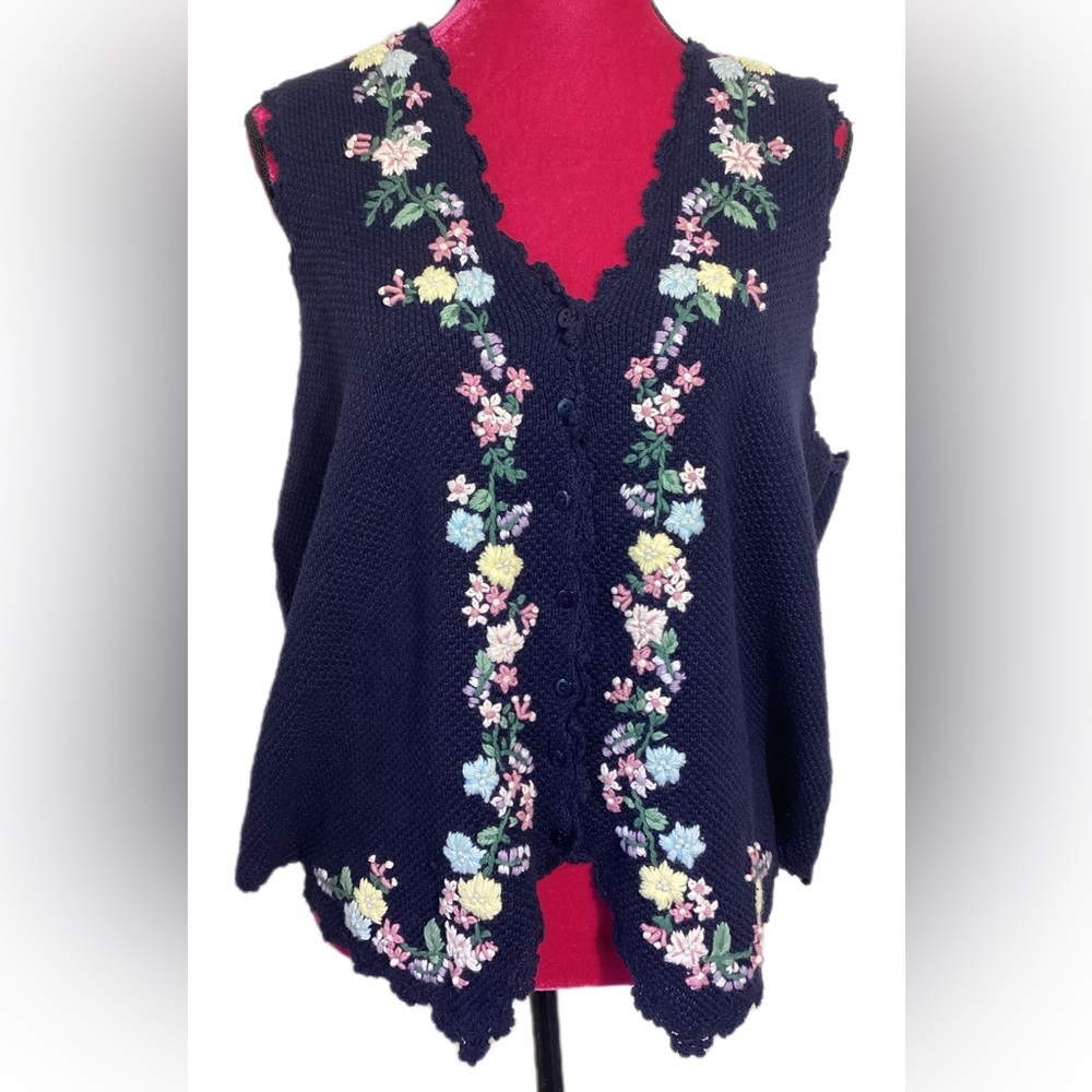 Vtg Embroidered Floral Knit Sweater Vest 18/20 Grannycore Cottagecore Coquette - Picture 2 of 14